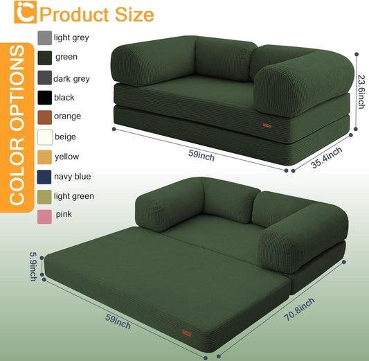 Futon Sofa Bed, 4-in-1 Floor Foldable Sofa Couch Bed Queen with L-Shaped Armrests, Convertible Folding Chair Bed Sleeper Mattress Fold Out Comfy Lounge for Living Room Bedroom, Green