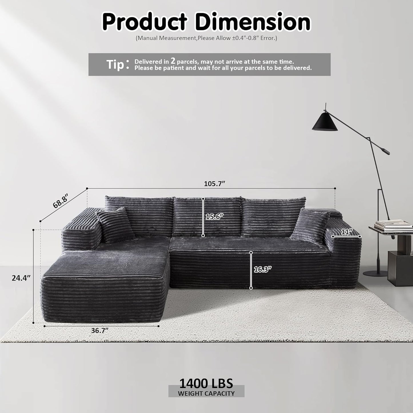 104" Cloud Sectional Couch with L-Shape Chaise,Modern Modular Sofa with Deep Seat, Upholstered Couches for Living Room Bedroom,No Assembly Required, Grey (Plush Corduroy Fabric)