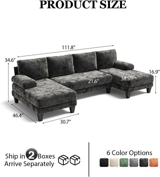 U-Shaped Sectional Couches for Living Room | 112 Inch Sectionals Couch | Dark Grey Cheille Sofa with Double Chaise for Apartment