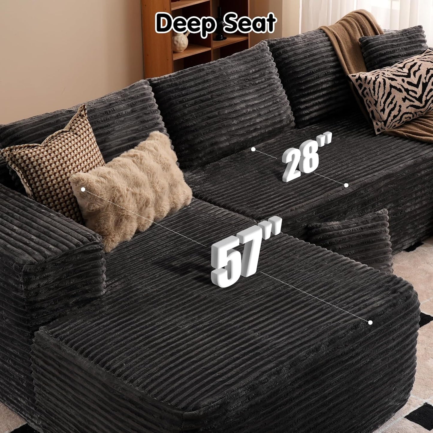 104" Cloud Sectional Couch with L-Shape Chaise,Modern Modular Sofa with Deep Seat, Upholstered Couches for Living Room Bedroom,No Assembly Required, Grey (Plush Corduroy Fabric)