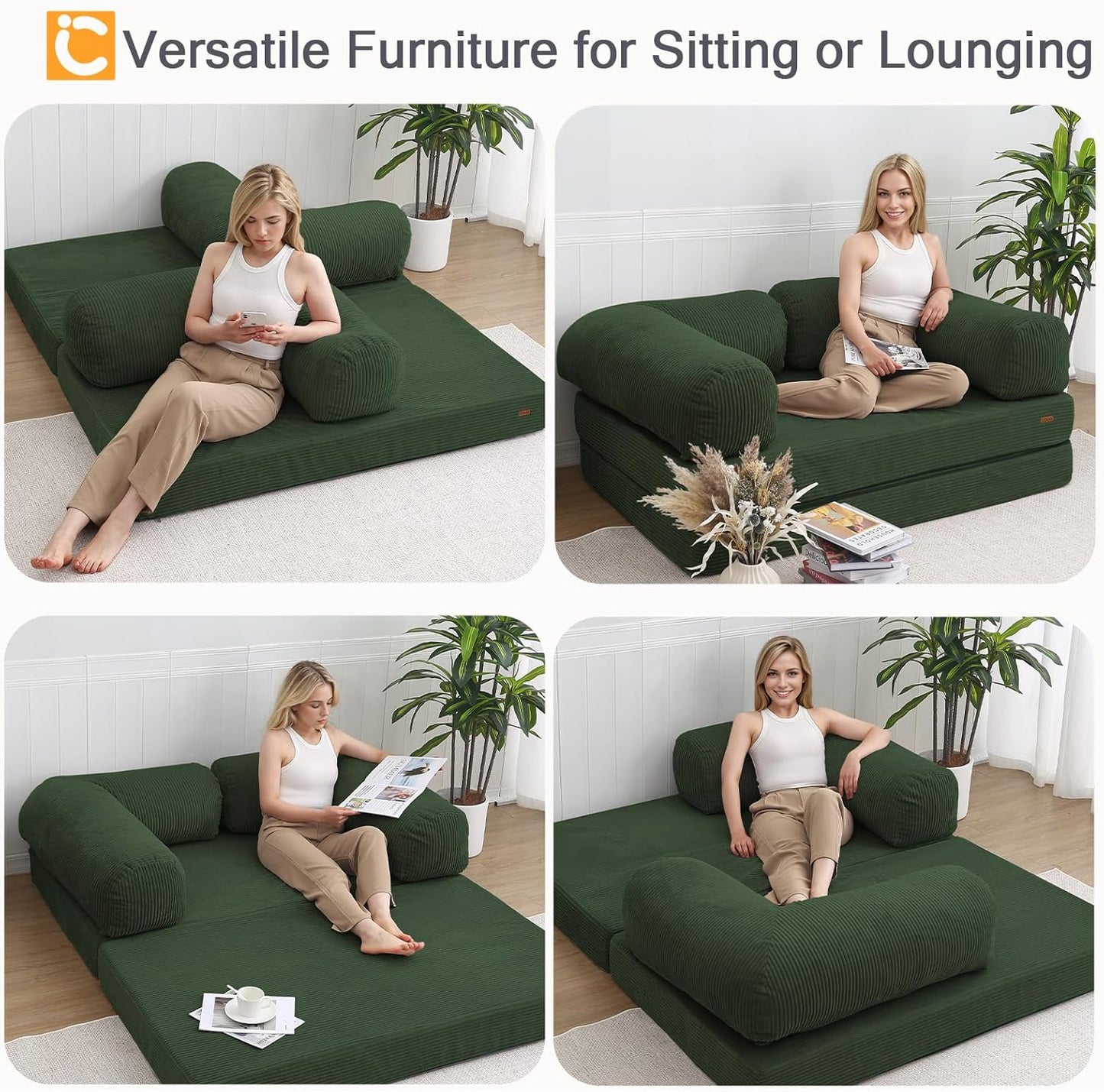 Futon Sofa Bed, 4-in-1 Floor Foldable Sofa Couch Bed Queen with L-Shaped Armrests, Convertible Folding Chair Bed Sleeper Mattress Fold Out Comfy Lounge for Living Room Bedroom, Green