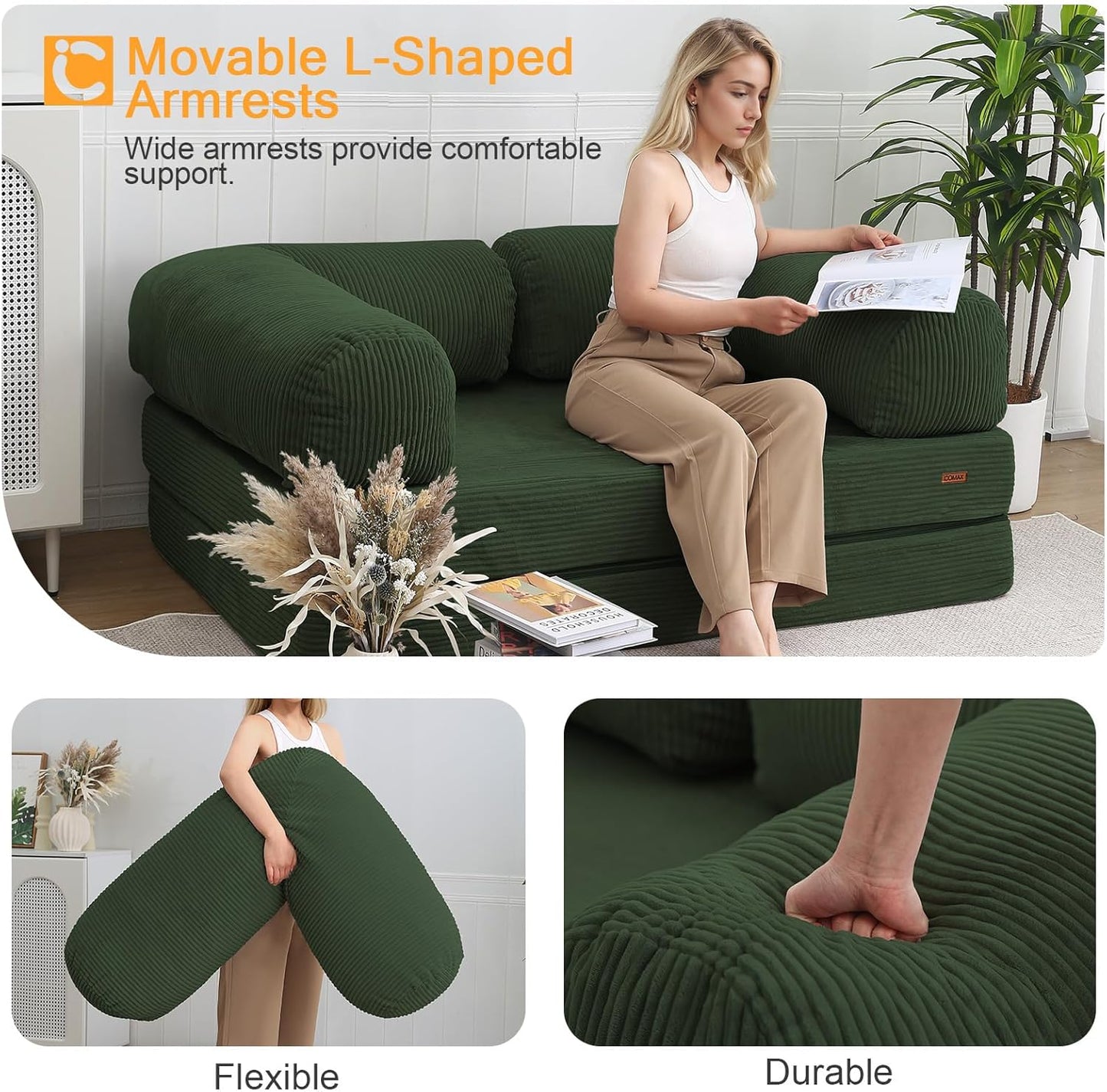 Futon Sofa Bed, 4-in-1 Floor Foldable Sofa Couch Bed Queen with L-Shaped Armrests, Convertible Folding Chair Bed Sleeper Mattress Fold Out Comfy Lounge for Living Room Bedroom, Green