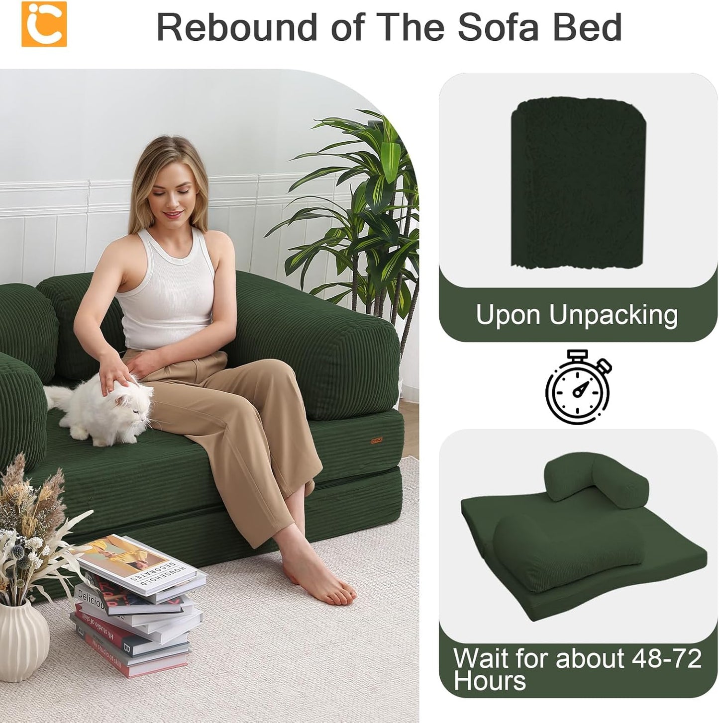 Futon Sofa Bed, 4-in-1 Floor Foldable Sofa Couch Bed Queen with L-Shaped Armrests, Convertible Folding Chair Bed Sleeper Mattress Fold Out Comfy Lounge for Living Room Bedroom, Green