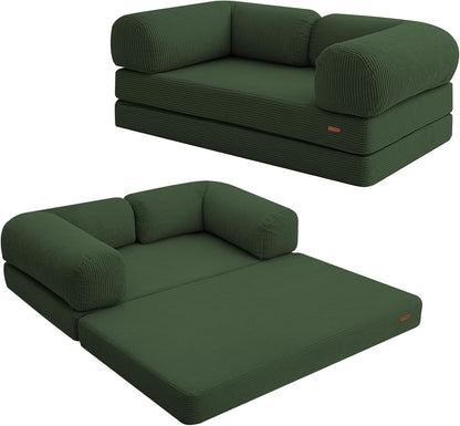 Futon Sofa Bed, 4-in-1 Floor Foldable Sofa Couch Bed Queen with L-Shaped Armrests, Convertible Folding Chair Bed Sleeper Mattress Fold Out Comfy Lounge for Living Room Bedroom, Green