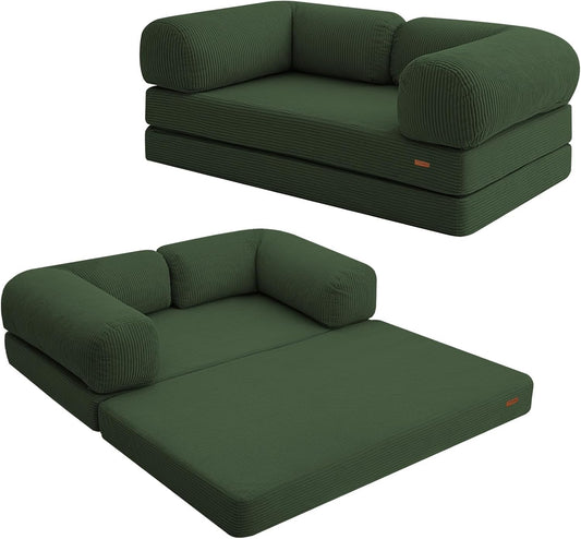 Futon Sofa Bed, 4-in-1 Floor Foldable Sofa Couch Bed Queen with L-Shaped Armrests, Convertible Folding Chair Bed Sleeper Mattress Fold Out Comfy Lounge for Living Room Bedroom, Green