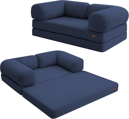 Futon Sofa Bed, 4-in-1 Floor Foldable Sofa Couch Bed Queen with L-Shaped Armrests, Convertible Folding Chair Bed Sleeper Mattress Fold Out Comfy Lounge for Living Room Bedroom, Green