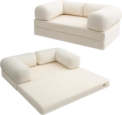 Futon Sofa Bed, 4-in-1 Floor Foldable Sofa Couch Bed Queen with L-Shaped Armrests, Convertible Folding Chair Bed Sleeper Mattress Fold Out Comfy Lounge for Living Room Bedroom, Green