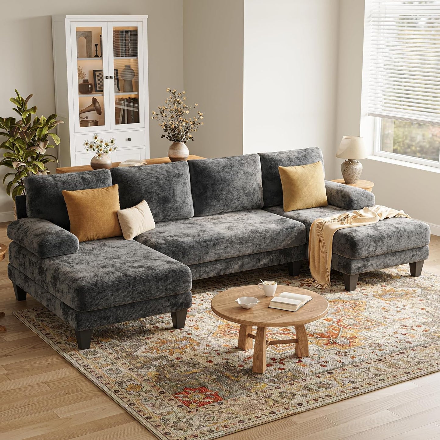 U-Shaped Sectional Couches for Living Room | 112 Inch Sectionals Couch | Dark Grey Cheille Sofa with Double Chaise for Apartment