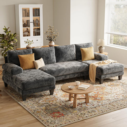 U-Shaped Sectional Couches for Living Room | 112 Inch Sectionals Couch | Dark Grey Cheille Sofa with Double Chaise for Apartment