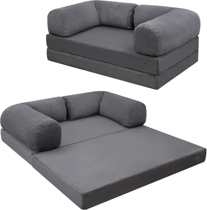 Futon Sofa Bed, 4-in-1 Floor Foldable Sofa Couch Bed Queen with L-Shaped Armrests, Convertible Folding Chair Bed Sleeper Mattress Fold Out Comfy Lounge for Living Room Bedroom, Green