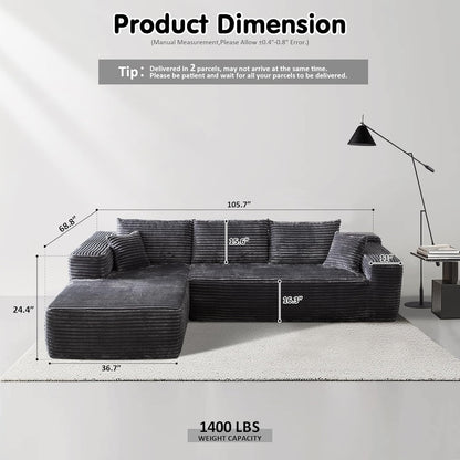 104" Cloud Sectional Couch with L-Shape Chaise,Modern Modular Sofa with Deep Seat, Upholstered Couches for Living Room Bedroom,No Assembly Required, Grey (Plush Corduroy Fabric)