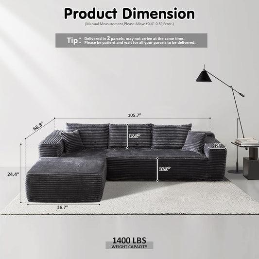104" Cloud Sectional Couch with L-Shape Chaise,Modern Modular Sofa with Deep Seat, Upholstered Couches for Living Room Bedroom,No Assembly Required, Grey (Plush Corduroy Fabric)
