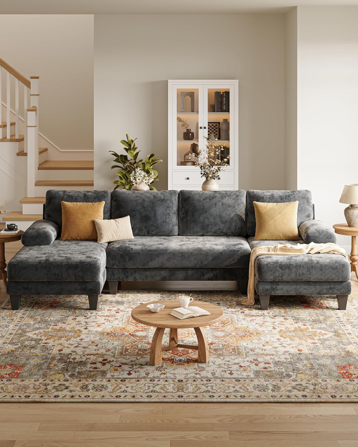 U-Shaped Sectional Couches for Living Room | 112 Inch Sectionals Couch | Dark Grey Cheille Sofa with Double Chaise for Apartment