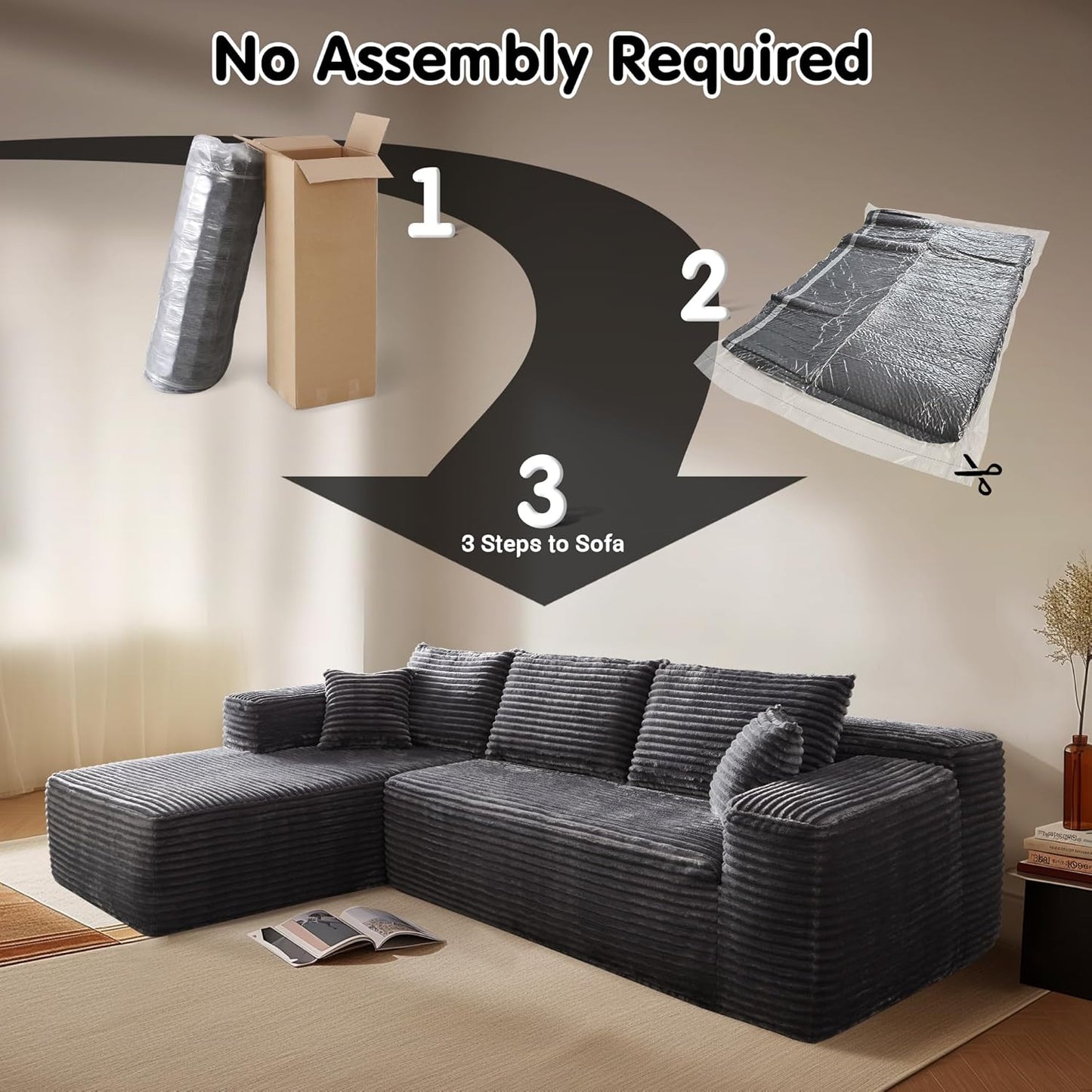 104" Cloud Sectional Couch with L-Shape Chaise,Modern Modular Sofa with Deep Seat, Upholstered Couches for Living Room Bedroom,No Assembly Required, Grey (Plush Corduroy Fabric)