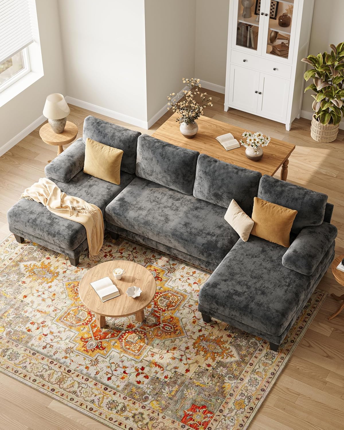 U-Shaped Sectional Couches for Living Room | 112 Inch Sectionals Couch | Dark Grey Cheille Sofa with Double Chaise for Apartment