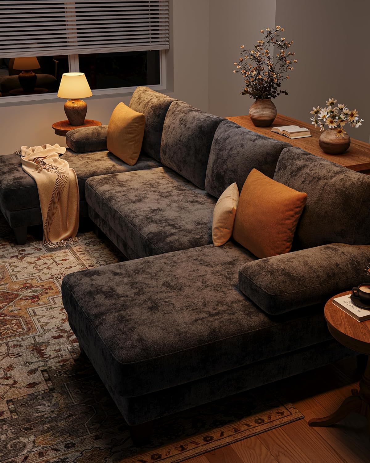 U-Shaped Sectional Couches for Living Room | 112 Inch Sectionals Couch | Dark Grey Cheille Sofa with Double Chaise for Apartment