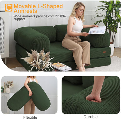 Futon Sofa Bed, 4-in-1 Floor Foldable Sofa Couch Bed Queen with L-Shaped Armrests, Convertible Folding Chair Bed Sleeper Mattress Fold Out Comfy Lounge for Living Room Bedroom, Green