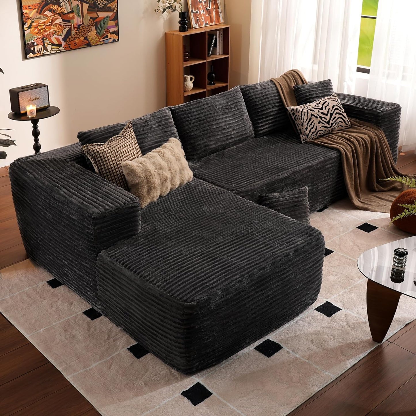 104" Cloud Sectional Couch with L-Shape Chaise,Modern Modular Sofa with Deep Seat, Upholstered Couches for Living Room Bedroom,No Assembly Required, Grey (Plush Corduroy Fabric)